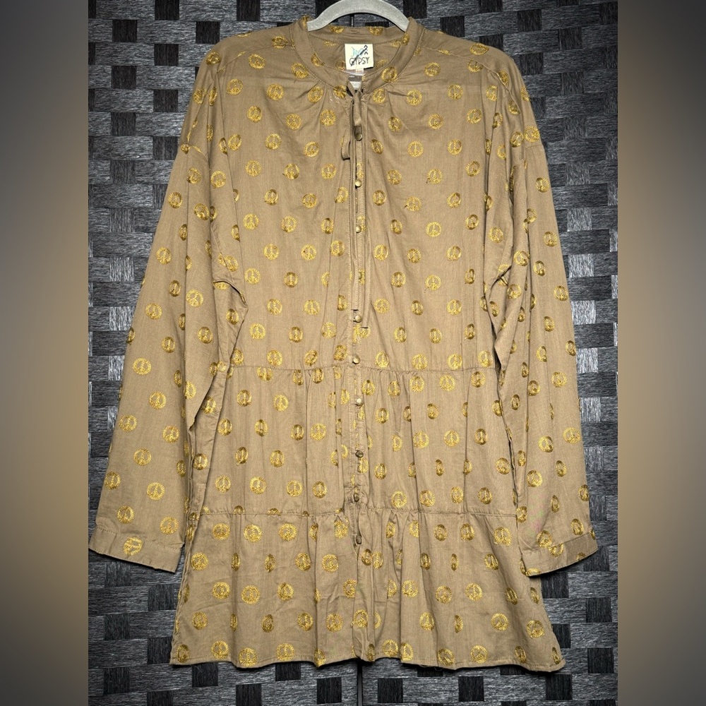 JADED GYPSY Peace Be With You Tunic Button Down Blouse Embroidered Peace Signs - Picture 2 of 7